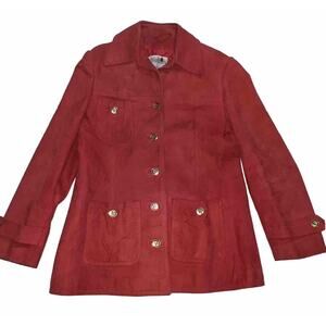World Knits Suede Coat Women’s Size 12 Red Gold Buttons Leather Jacket Vintage